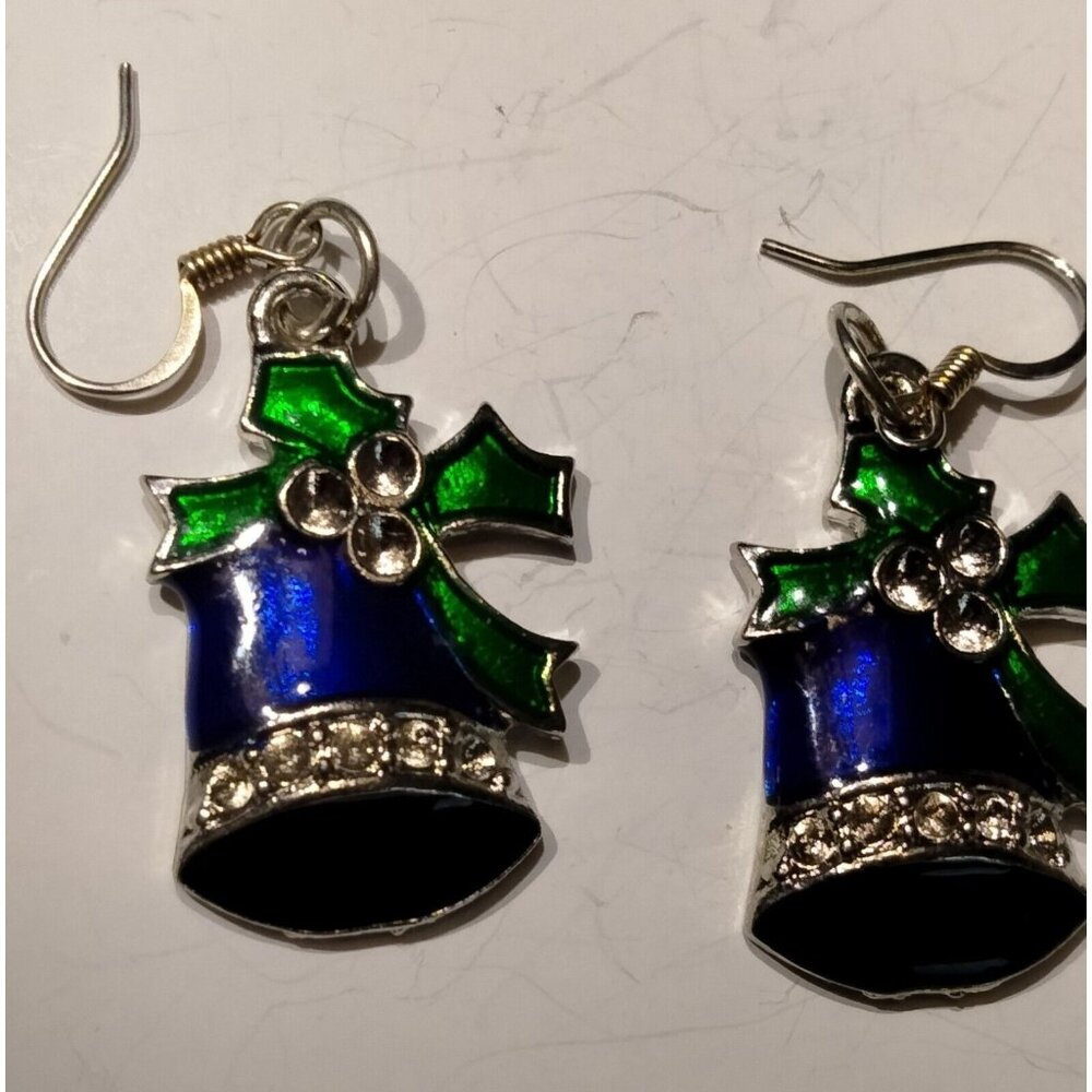 Christmas Bell Earrings Silver Blue Holly Dangle Drop Hook Silver Vintage Enamel